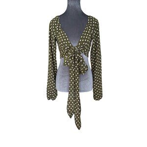 Polka Dot Olive Long-Sleeve Tie Front Crop Top By Cotton Candy LA - Womens S